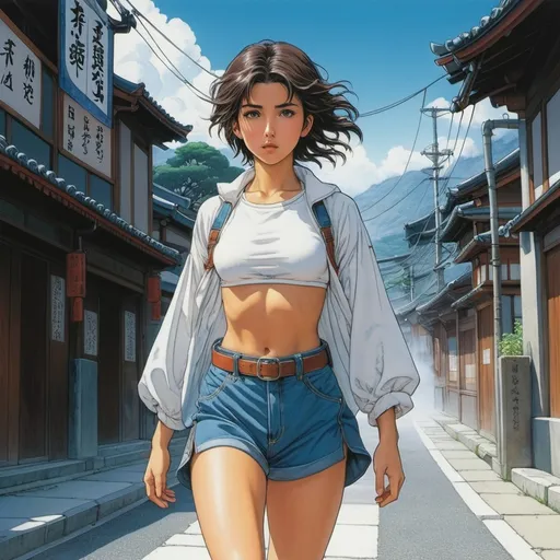 Prompt: Body shots, dynamic poses, Highly detailed manga anime cel art, final fantasy fanart,Naomi Scott, griffith, Kidnapped Identity, geek, 80s, by hasui kawase, Moebius, epic scenes, action scenes, emotional scenes, inspired by yoshitaka amano and Takato Yamamoto, lively and vibrant, anti