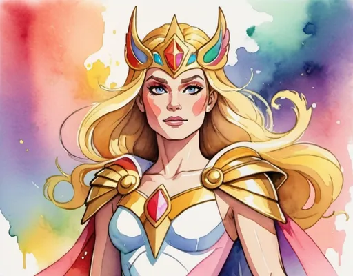 Prompt: She-Ra in rainbows and gold, in watercolor painting art style
