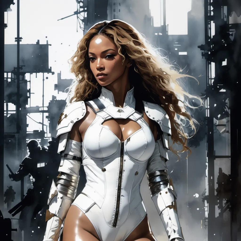 Prompt: (((Yoji Shinkawa))), sticker of ultra detailed portrait of Beyonce in white leotard armor, high quality cell shaded illustration in post apocalyptic style by Yoji Shinkawa, ((full body)), dynamic pose, perfect anatomy, centered, freedom, soul, brown long hair, approach to perfection, cell shading, 4k , cinematic dramatic atmosphere, watercolor painting, global illumination, detailed and intricate environment, artstation, concept art, fluid and sharp focus, volumetric lighting, cinematic lighting, Art by Yoji Shinkawa,
