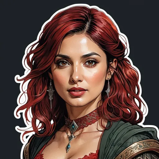 Prompt: Sticker of Morena Baccarin from Lord of the Rings,red hair, half body visible, choker, red lace mechsuit, comic style, Spaceships, Kim Jung Gi, soul, digital illustration, perfect anatomy, centered, approaching perfection, dynamic, highly detailed, watercolor painting, artstation, concept art, smooth, sharp, focus, illustration, art by Carne Griffiths and Wadim Kashin,