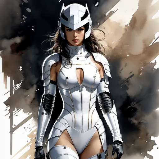 Prompt: (((Yoji Shinkawa))), sticker of ultra detailed portrait of Naomi Scott in white leotard armor, white dark knight helmet, high quality cell shaded illustration in post apocalyptic style by Yoji Shinkawa, ((full body)), dynamic pose, perfect anatomy, centered, freedom, soul, brown long hair, approach to perfection, cell shading, 4k , cinematic dramatic atmosphere, watercolor painting, global illumination, detailed and intricate environment, artstation, concept art, fluid and sharp focus, volumetric lighting, cinematic lighting, Art by Yoji Shinkawa,
