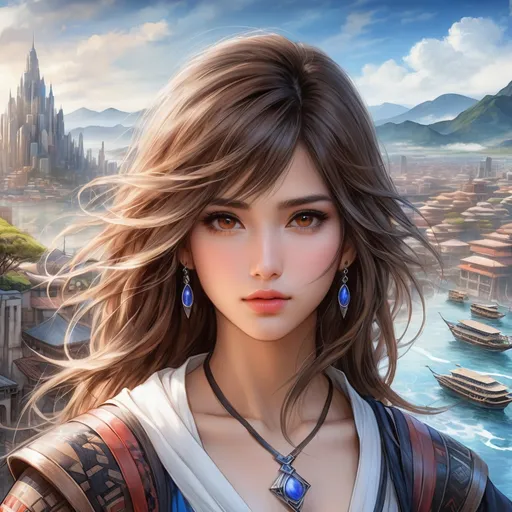 Prompt: a final fantasy watercolor concept art with Naomi Scott, brown hair, realistic face, in tribal cueitl,parted bangs, brown eyes, detailed floating city background,  ethereal, jewelry set balayage wild hair, royal vibe, highly detailed, digital painting, Trending on artstation , HD quality, tan skin, Big Eyes,artgerm,by yoshitaka amano