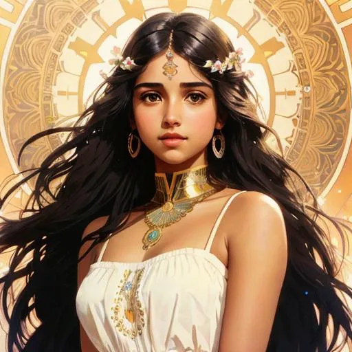 Prompt: Upper body portrait of Cute girl Naomi Scott, brown long hair, tan skin, sundress, intricate, detailed face. by Ilya Kuvshinov and Alphonse Mucha. Dreamy, sparkles