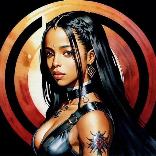 Prompt: Sticker of Aaliyah Dana Haughton from Lord of the Rings,braided black hair, half body visible, choker, wearing tribal mechsuit, comic style, Spaceships, Kim Jung Gi, soul, digital illustration, perfect anatomy, centered, approaching perfection, dynamic, highly detailed, watercolor painting, artstation, concept art, smooth, sharp, focus, illustration, art by Ilya Kuvshinov,