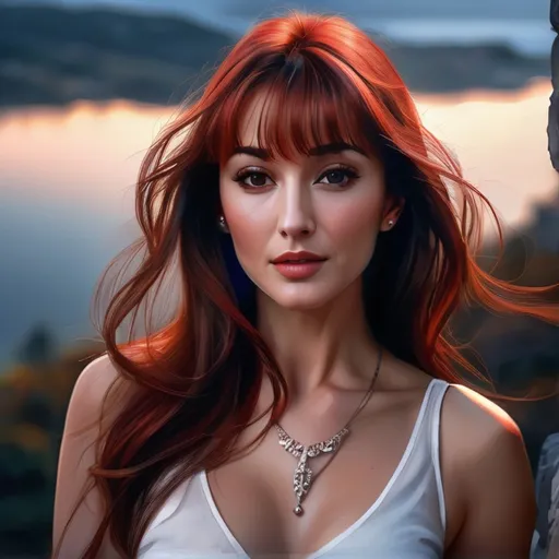 Prompt: Jane Seymour,  in outdoor villiage, wearing tank top, parted bangs, red hair with highlights, brown eyes, ethereal, jewelry set balayage wild hair, royal vibe, highly detailed, digital painting, Trending on artstation ,tan skin, HD quality, Big Eyes,artgerm, by Ilya Kuvshinov 