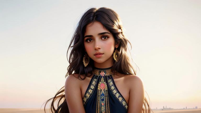 Prompt: Upper body portrait of Cute girl Naomi Scott, brown long hair, tan skin, sundress, intricate, detailed face. by Ilya Kuvshinov and Alphonse Mucha. Dreamy, sparkles