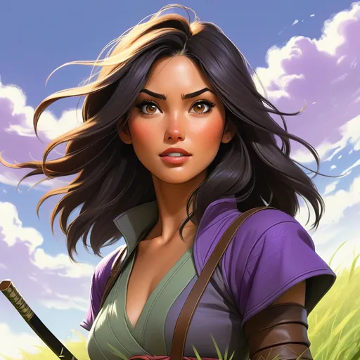 Prompt: illustration photographic front view, looking from below,
 
masterpiece intricate hyperdetailed best quality flat color pastel mix pencil sketch Olivia Munn, melancholy beautiful woman cheerful hopeful and anxious, standing on grass valley, sheathed katana,  black fluffy hair, hyperdetailed purple artifact ninja outfit, detailed face, brown eyes, tan skin, by Ilya Kuvshinov and Yoji Shinkawa 

scenic view landscape 2D flat color gigantic abyss hole vector background, action shot, extreme long shot wide view, full frame wide angle,

sunshine, blue sky, cinematic lighting,

precise hard pencil strokes, thick and hard pencil outline,

hyperdetailed 2D vector concept art picture, vector, illustration, character concept,

2D fantasy concept art style, inspired by final fantasy art, adventure, inspiring, colorful, heroic fantasy art,