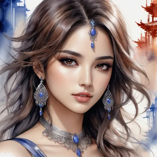 Prompt: a final fantasy watercolor concept art with Naomi Scott, brown hair, realistic face, in tribal cueitl,parted bangs, brown eyes, detailed floating city background,  ethereal, jewelry set balayage wild hair, royal vibe, highly detailed, digital painting, Trending on artstation , HD quality, tan skin, Big Eyes,artgerm,by yoshitaka amano