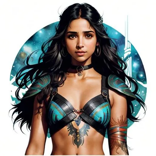 Prompt: Sticker of Naomi Scott from Lord of the Rings, half body visible, choker, tribal wardress, comic style, Spaceships, Kim Jung Gi, soul, digital illustration, perfect anatomy, centered, approaching perfection, dynamic, highly detailed, watercolor painting, artstation, concept art, smooth, sharp, focus, illustration, art by Carne Griffiths and Wadim Kashin,