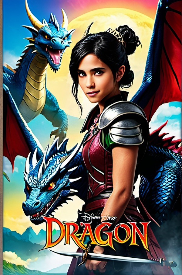 Prompt: Naomi Scott Dragon fantasy movie poster  anime art