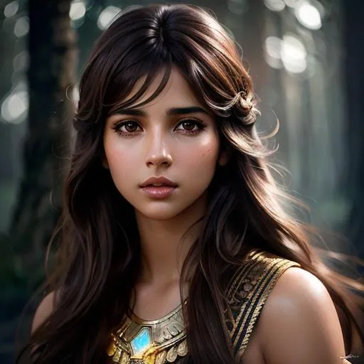 Prompt: Upper body portrait of Brown Hair Beautiful naomi scott with Air Magic, parted bangs, Elegant, Romantic, as a tribal warrior, HDR, full body, High Definition, cinematic,  dynamic light, hyperrealism, definition, glowing eyes, facial symmetry  by Ilya Kuvshinov