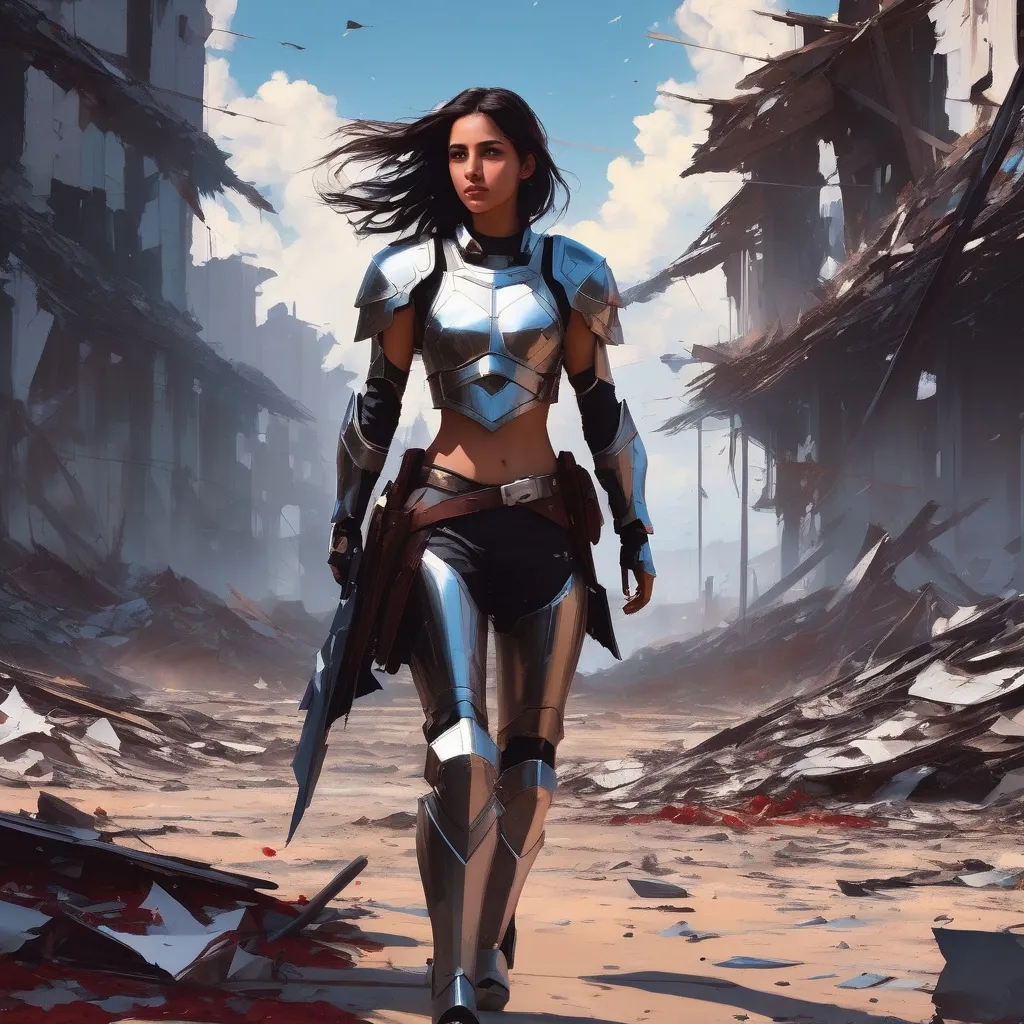 Prompt: Naomi Scott, Ragged  female with clean cut long brown hair wearing tattered bloody rags on top of jagged white dragoon armor walks determined through a shattered landscape surrounded by wreckages and overcast with a stary sky and a steel moon. behance HD. Art by Ilya Kuvshinov 