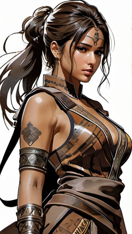Prompt: (((Yoji Shinkawa))), sticker of ultra detailed portrait of Naomi Scott in brown tribal dress,  high quality cell shaded illustration in post apocalyptic style by Yoji Shinkawa, ((full body)), dynamic pose, perfect anatomy, centered, freedom, soul, brown long hair, approach to perfection, cell shading, 4k , cinematic dramatic atmosphere, watercolor painting, global illumination, detailed and intricate environment, artstation, concept art, fluid and sharp focus, volumetric lighting, cinematic lighting, Art by Yoji Shinkawa,