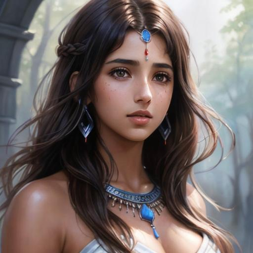 Prompt: a Shining Force watercolor concept art with Naomi Scott, brown hair, jumping in tribal cueitl, parted bangs, brown eyes, ethereal, jewelry set balayage wild hair, royal vibe, highly detailed, digital painting, Trending on artstation , HD quality, tan skin, Big Eyes,artgerm,by yoshitaka amano