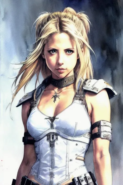 Prompt: (((Yoji Shinkawa))), sticker of ultra detailed portrait of Sarah Michelle Gellar  in white holy armor,  high quality cell shaded illustration in post apocalyptic style by Yoji Shinkawa, ((full body)), dynamic pose, perfect anatomy, centered, freedom, soul, blonde long hair, approach to perfection, cell shading, 4k , cinematic dramatic atmosphere, watercolor painting, global illumination, detailed and intricate environment, artstation, concept art, fluid and sharp focus, volumetric lighting, cinematic lighting, Art by Yoji Shinkawa,