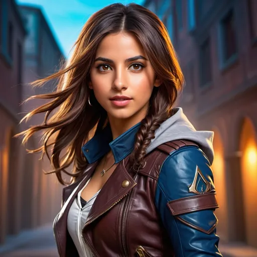 Prompt: Naomi Scott in leather Assassin's Creed leather Thief gear, anime, highres, detailed, vibrant colors, dynamic pose, , flowing long brown hair, determined expression, strong yet feminine, energetic, vibrant lighting, colorful anime style, intense eyes, anime, vibrant, dynamic, determined, strong, colorful, detailed hair, highres