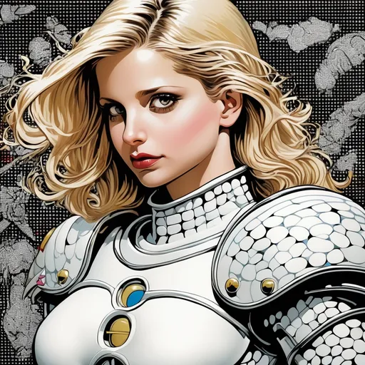 Prompt: Sarah Michelle Gellar, comic style, white holy armor,side view, halftone, pointlism, bentoism, by roy lichtenstein and jack kirby 