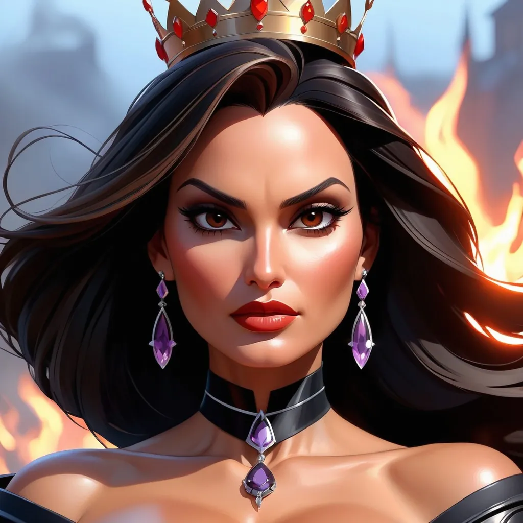 Prompt:  Mariska Hargitay as Evil fantasy queen, black hair, brown eyes, battlefield, ethereal, tan body, beautiful, jewelry set balayage wild hair, royal vibe, highly detailed, digital painting, Trending on artstation , HD quality, tan skin,artgerm,  by Ilya Kuvshinov 