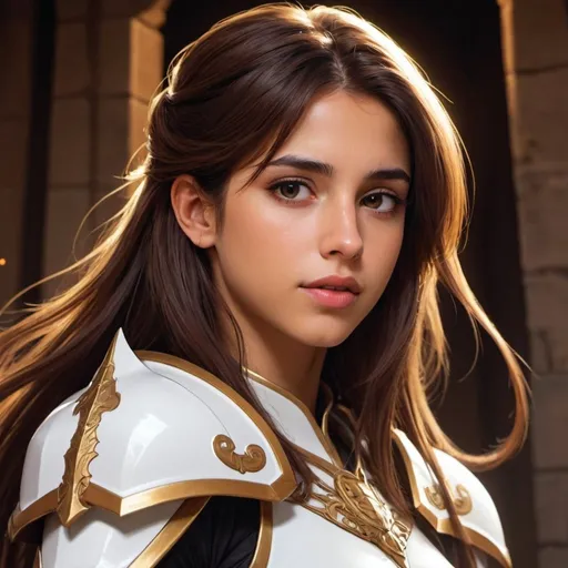 Prompt: golden skin tone, Naomi Scott, temple background, beautiful woman, hot, long brown hair, brown eyes, vibrant brown hair, bright brown hair, brown hair, long side fringe, beautiful white hair tips, wearing beautifully detailed white dragoon armor, finely detailed, goddess, detailed facial features, dark lighting, 90s anime, 80s anime, anime screencap, cartoon, 2d art, romance novel cover, anime art style, castlevania anime, beserk anime art by  Ilya Kuvshinov and Alphonse Mucha