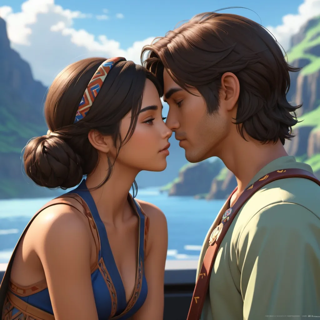 Prompt: Illustration by Makoto shinkai & Ilya Kuvshinov, royal city, Naomi Scott kissing a man, wearing tribal cueitl, long brown hair, atmospheric, hyper realistic, 8k, epic composition, cinematic, octane render, 16K resolution, rendered in Enscape, Miyazaki, Nausicaa Ghibli, Breath of The Wild, 4k detailed post processing, artstation, focus, no blur