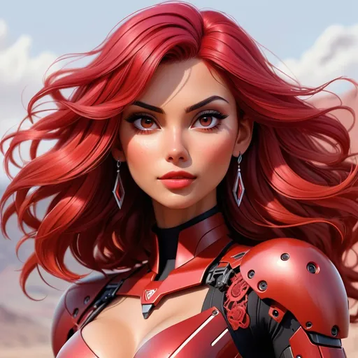 Prompt:  Morena Baccarin, sleeveless, pink and red hair, brown eyes, battlefield, ethereal, red lace mech suit, jewelry set balayage, wild hair with bangs, royal vibe, highly detailed, digital painting, Trending on artstation , HD quality, tan skin,artgerm,  by Ilya Kuvshinov 