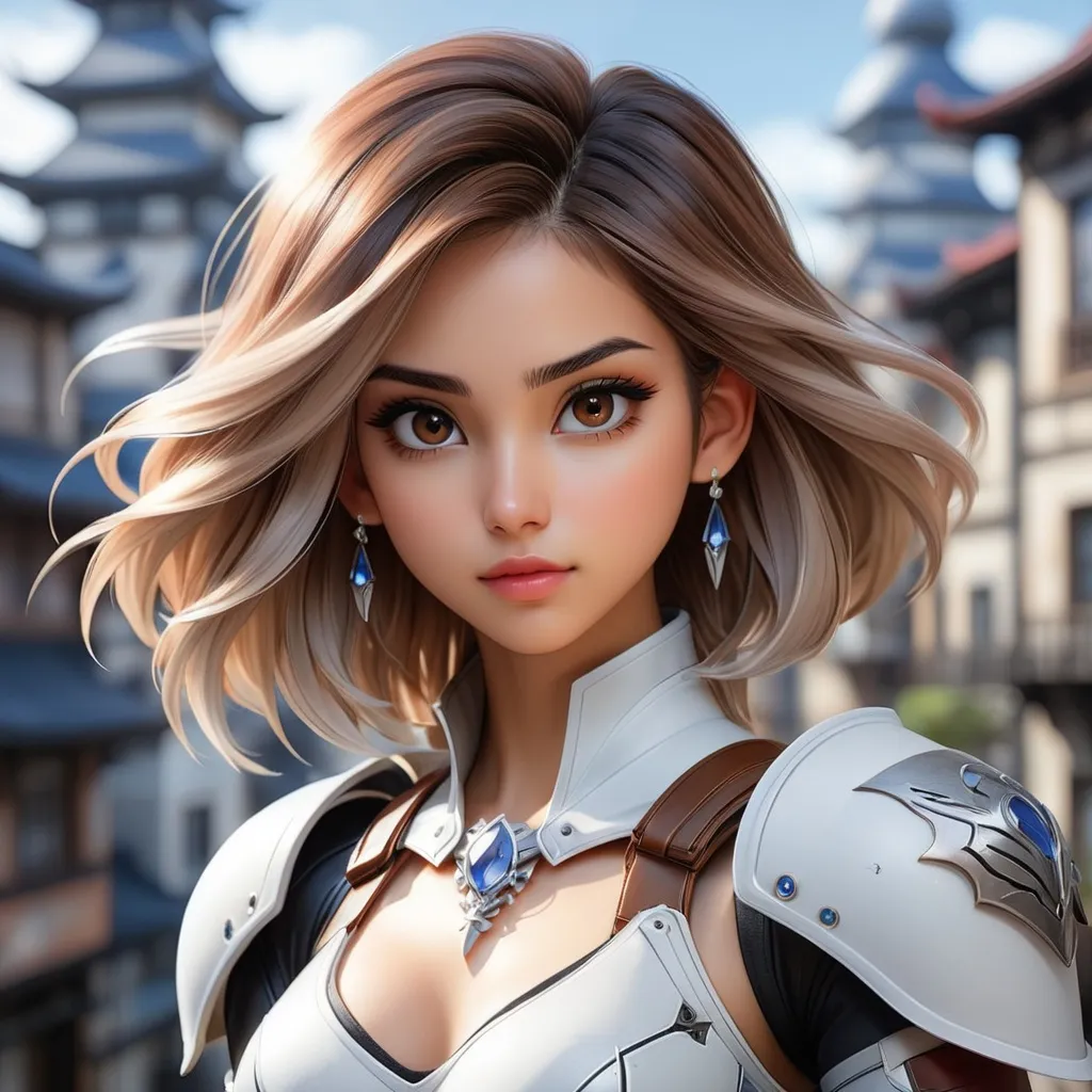 Prompt: a final fantasy watercolor concept art with Naomi Scott, brown hair, realistic face, in white Dragoon Artifact armor, parted bangs, brown eyes, detailed floating city background,  ethereal, jewelry set balayage wild hair, royal vibe, highly detailed, digital painting, Trending on artstation , HD quality, tan skin, Big Eyes,artgerm,by yoshitaka amano