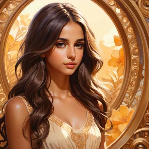 Prompt: Upper body portrait of Cute girl Naomi Scott, brown long hair, tan skin, sundress, intricate, detailed face. by Ilya Kuvshinov and Alphonse Mucha. Dreamy, sparkles