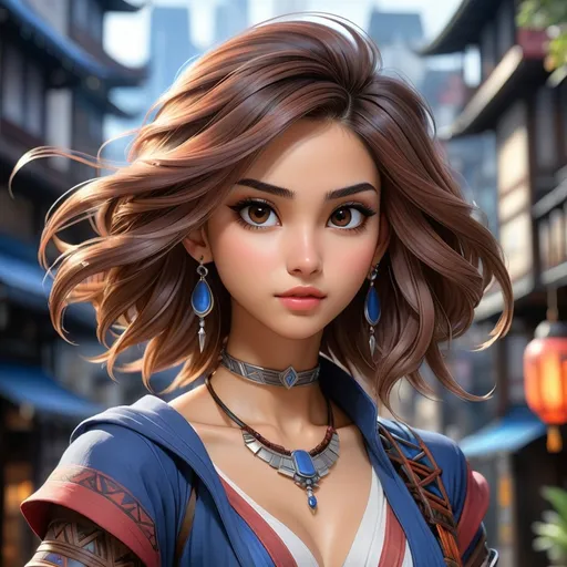 Prompt: a final fantasy watercolor concept art with Naomi Scott, brown hair, realistic face, in tribal cueitl,parted bangs, brown eyes, detailed floating city background,  ethereal, jewelry set balayage wild hair, royal vibe, highly detailed, digital painting, Trending on artstation , HD quality, tan skin, Big Eyes,artgerm,by yoshitaka amano
