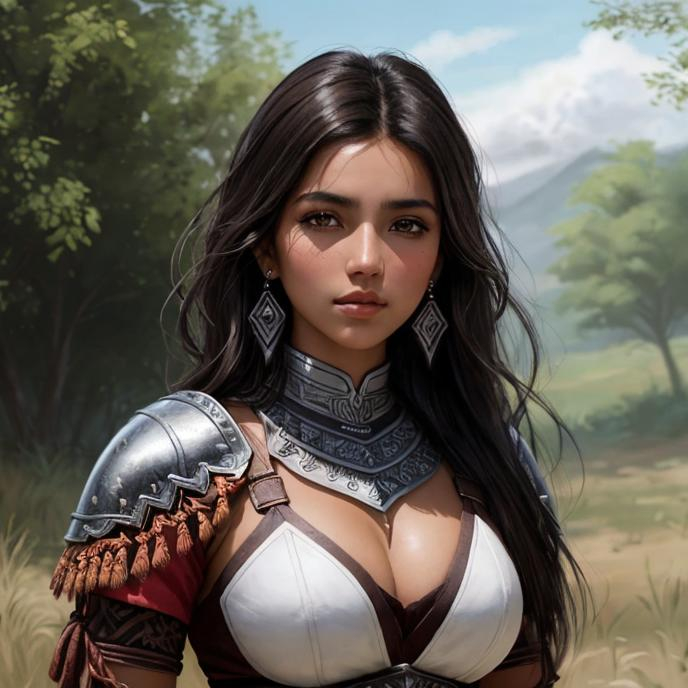 Prompt: Isabela Merced, 17 years old,  in outdoor villiage, wearing tribal cueitl armor, parted bangs, black hair with highlights, brown eyes, ethereal, jewelry set balayage wild hair, royal vibe, highly detailed, digital painting, Trending on artstation ,tan skin, HD quality, Big Eyes,artgerm, by Ilya Kuvshinov 