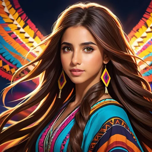 Prompt: Naomi Scott in tribal cueitl, anime, highres, detailed, vibrant colors, dynamic pose, , flowing long brown hair, determined expression, strong yet feminine, energetic, vibrant lighting, colorful anime style, intense eyes, anime, vibrant, dynamic, determined, strong, colorful, detailed hair, highres