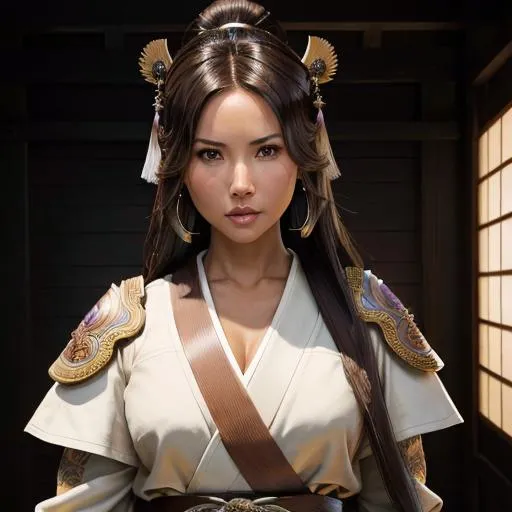 Prompt: (masterpiece, illustration, best quality:1.2), Olivia Munn with sheathed katana, solo, light tan skin, toned body, stray hairs, calm demeanor, vibrant brown eyes, vibrant brown hair, bright brown hair, brown hair, long side fringe, beautiful white hair tips, wearing beautifully detailed skin purple samurai artifact gear, finely detailed,  detailed face, toned face, beautiful detailed eyes, beautifully detailed very generous attractive body, beautiful detailed legs, detailed jewelry, attractive look, attractive pose, beautiful detailed shading, beautifully detailed tribal village background, fantasy background, sharp focus, absurdres, highres, cinematic lighting, street photography, macro detailed shading, smooth soft detailed skin, {{hyper detailed}}, photo realistic, {{{masterpiece}}}, glowing light, detailed background, hair between eyes, dynamic angle, library, 4K, HDR, perfect eyes