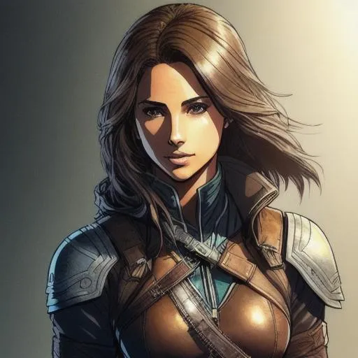 Prompt: a drawing of one woman character, 23 year old, Naomi Scott from Assassin's Creed in well oiled leather armor, low saturation color, thick line art, cell shaded, in the style of Yoji Shinkawa, Jim Lee, Jean Giraud, back light, rim lighting, drawn in markers, professional art, character art, brown colored hair, long hair, deatialed eyes, wearing white holy armor, high resolution, trending on ArtStation, cinematic lighting, beautiful, comic style, cinematic, volumetric light, UHD, HDR, fantasy art, daylight, light from behind, dark darks, full body, long shot, stylised, solo, watercolor 

