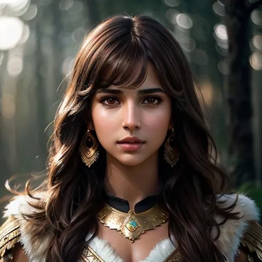 Prompt: Upper body portrait of Brown Hair Beautiful Naomi Scott with Air Magic, parted bangs, Elegant, Romantic, as a tribal warrior, HDR, full body, High Definition, cinematic,  dynamic light, hyperrealism, definition, glowing eyes, facial symmetry  by Ilya Kuvshinov