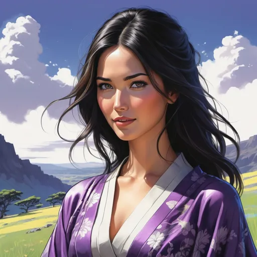 Prompt: illustration photographic front view, looking from below,
 
masterpiece intricate hyperdetailed best quality flat color pastel mix pencil sketch Olivia Munn, melancholy beautiful woman cheerful hopeful and anxious, standing on grass valley, black fluffy hair, hyperdetailed, wearing purple kimono, detailed face, brown eyes, tan skin, by Ilya Kuvshinov and Yoji Shinkawa 

scenic view landscape 2D flat color gigantic abyss hole vector background, action shot, extreme long shot wide view, full frame wide angle,

sunshine, blue sky, cinematic lighting,

precise hard pencil strokes, thick and hard pencil outline,

hyperdetailed 2D vector concept art picture, vector, illustration, character concept,

2D fantasy concept art style, inspired by final fantasy art, adventure, inspiring, colorful, heroic fantasy art,