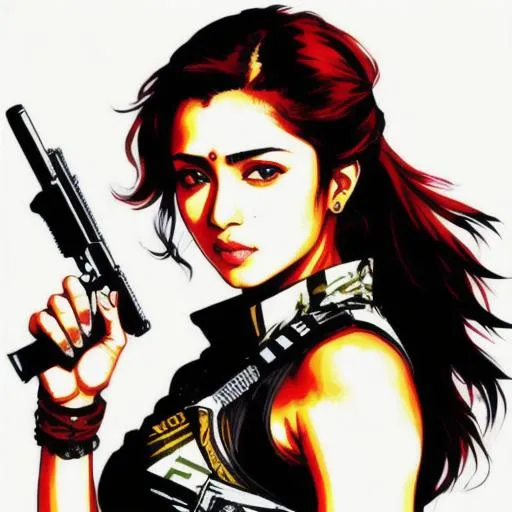 Prompt: (((Yoji Shinkawa))), sticker of ultra detailed portrait of Sadaf Mohammed Sayed  (Indian actress who mainly appears in Telugu, Tamil, and Kannada films)in assassin clothing,  high quality cell shaded illustration in post apocalyptic style by Yoji Shinkawa, ((full body portrait)), dynamic pose, perfect anatomy, centered, freedom, soul, black long hair, approach to perfection, cell shading, 4k , cinematic dramatic atmosphere, watercolor painting, global illumination, detailed and intricate environment, artstation, concept art, fluid and sharp focus, volumetric lighting, cinematic lighting, Art by Yoji Shinkawa,