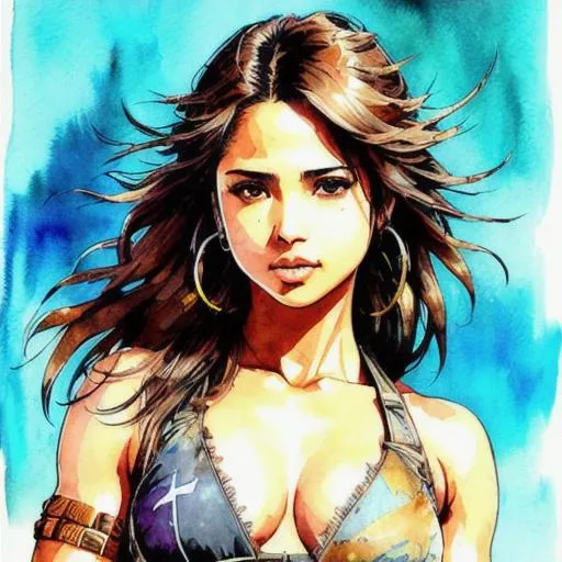 Prompt: (((Yoji Shinkawa))), sticker of ultra detailed portrait of Naomi Scott as Tribal warrior,  high quality cell shaded illustration in post apocalyptic style by Yoji Shinkawa, ((full body)), dynamic pose, perfect anatomy, centered, freedom, soul, brown long hair, approach to perfection, cell shading, 4k , cinematic dramatic atmosphere, watercolor painting, global illumination, detailed and intricate environment, artstation, concept art, fluid and sharp focus, volumetric lighting, cinematic lighting, Art by Yoji Shinkawa,