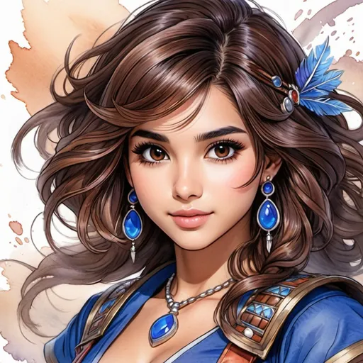 Prompt: a Dragon Quest watercolor concept art with Naomi Scott, brown hair, jumping in tribal cueitl, parted bangs, brown eyes, ethereal, jewelry set balayage wild hair, royal vibe, highly detailed, digital painting, Trending on artstation , HD quality, tan skin, Big Eyes,artgerm,by yoshitaka amano
