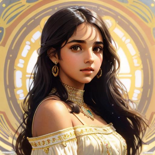 Prompt: Upper body portrait of Cute girl Naomi Scott, brown long hair, tan skin, sundress, intricate, detailed face. by Ilya Kuvshinov and Alphonse Mucha. Dreamy, sparkles