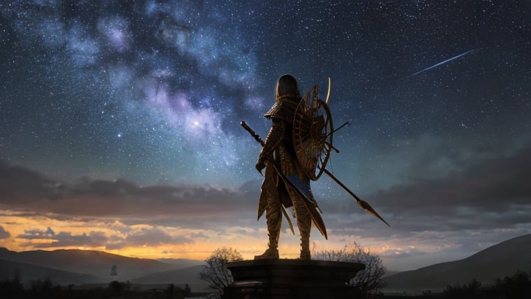 Prompt: looking from below, starry night, cloudy, heavy rain

masterpiece best quality hyperdetailed intricate Naomi Scott in tribal cueitl outfit standing infront of bronze warrior statue,

Male warrior bronze statue landscape,

digital watercolor painting,

colorful, atmospheric lighting, depth of field, bokeh, science fiction,

album cover art, wallpaper art, 128K resolution,
