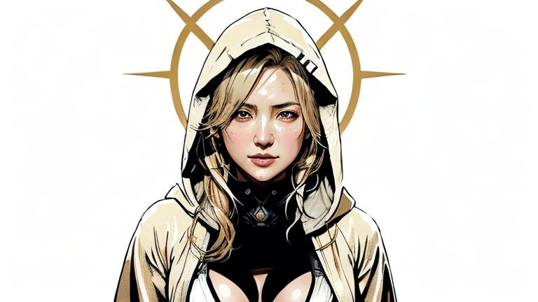 Prompt: (((Yoji Shinkawa))), sticker of ultra detailed portrait of Kate Hudson in white hooded wizard robe, blonde hair high quality cell shaded illustration in post apocalyptic style by Yoji Shinkawa, ((full body)), dynamic pose, perfect anatomy, centered, cleavage, freedom, soul, blonde long hair, approach to perfection, cell shading, 4k , cinematic dramatic atmosphere, watercolor painting, global illumination, detailed and intricate environment, artstation, concept art, fluid and sharp focus, volumetric lighting, cinematic lighting, Art by Yoji Shinkawa,