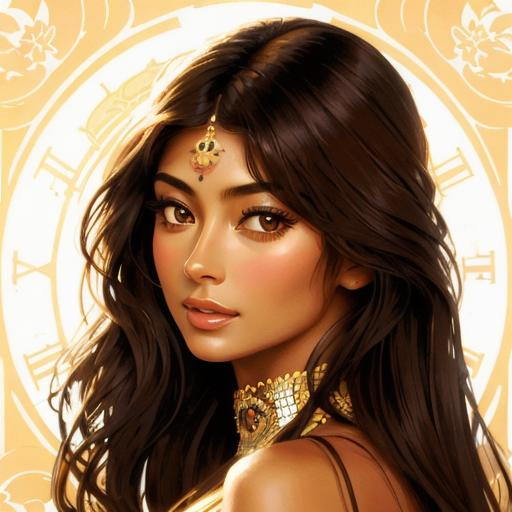 Prompt: Upper body portrait of Cute girl Nicole Scherzinger, brown long hair, tan skin, sundress, intricate, detailed face. by Ilya Kuvshinov and Alphonse Mucha. Dreamy, sparkles