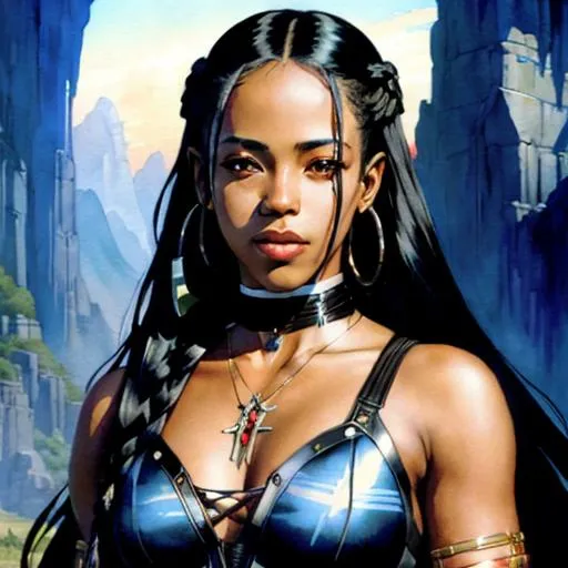 Prompt: Sticker of Aaliyah Dana Haughton from Lord of the Rings,braided black hair, half body visible, choker, wearing tribal mechsuit, comic style, Spaceships, Kim Jung Gi, soul, digital illustration, perfect anatomy, centered, approaching perfection, dynamic, highly detailed, watercolor painting, artstation, concept art, smooth, sharp, focus, illustration, art by Ilya Kuvshinov,