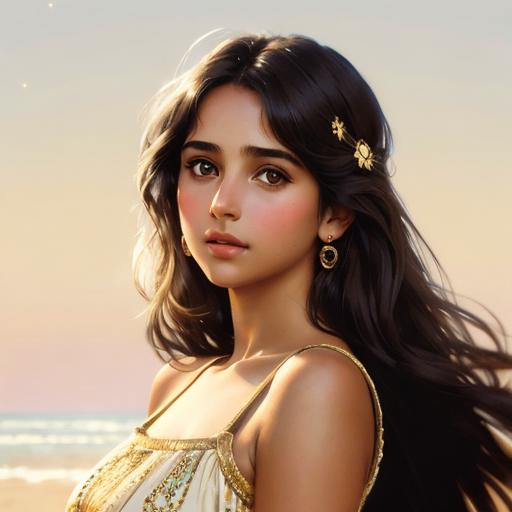 Prompt: Upper body portrait of Cute girl Naomi Scott, brown long hair, tan skin, sundress, intricate, detailed face. by Ilya Kuvshinov and Alphonse Mucha. Dreamy, sparkles