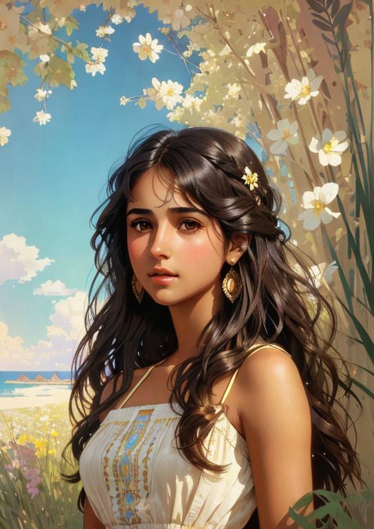 Prompt: Upper body portrait of Cute girl Naomi Scott, brown long hair, tan skin, sundress, intricate, detailed face. by Ilya Kuvshinov and Alphonse Mucha. Dreamy, sparkles