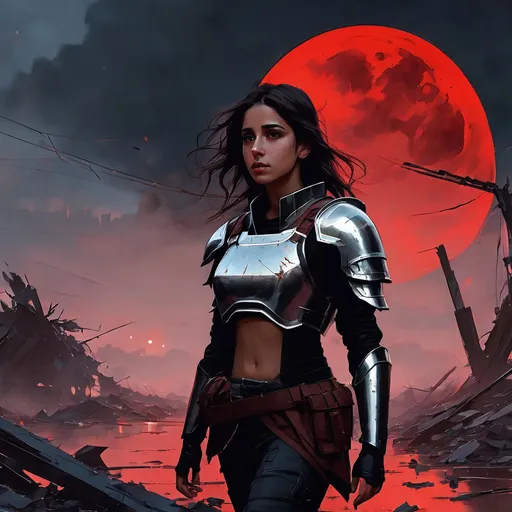 Prompt: Naomi Scott, Ragged  female with clean cut long brown hair wearing tattered bloody rags on top of jagged steel armor walks determined through a shattered landscape surrounded by wreckages and overcast with a stary sky and a red moon. behance HD. Art by Ilya Kuvshinov 