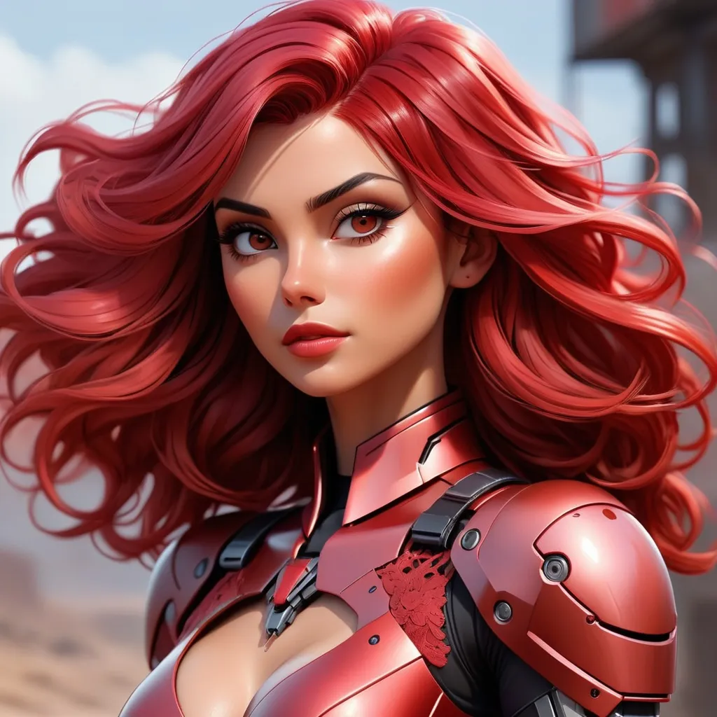 Prompt:  Morena Baccarin, sleeveless, pink and red hair, brown eyes, battlefield, ethereal, red lace mech suit, jewelry set balayage, wild hair with bangs, royal vibe, highly detailed, digital painting, Trending on artstation , HD quality, tan skin,artgerm,  by Ilya Kuvshinov 