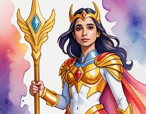 Prompt: Naomi Scott as She-ra in rainbows and gold, in watercolor painting art style
