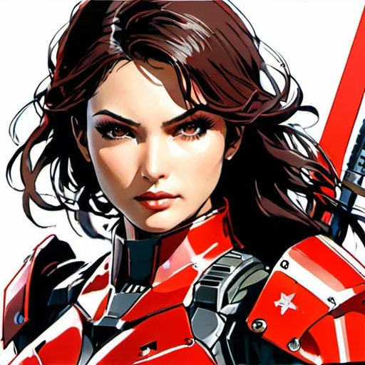 Prompt: (((Yoji Shinkawa))), sticker of ultra detailed portrait of Morena Baccarin   in red lace mech armor,  high quality cell shaded illustration in post apocalyptic style by Yoji Shinkawa, ((full body)), dynamic pose, perfect anatomy, centered, freedom, soul, red long hair, approach to perfection, cell shading, 4k , cinematic dramatic atmosphere, watercolor painting, global illumination, detailed and intricate environment, artstation, concept art, fluid and sharp focus, volumetric lighting, cinematic lighting, Art by Yoji Shinkawa,
