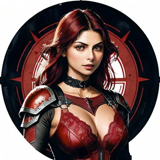 Prompt: Sticker of Morena Baccarin from Lord of the Rings,red hair, half body visible, choker, red lace mechsuit, comic style, Spaceships, Kim Jung Gi, soul, digital illustration, perfect anatomy, centered, approaching perfection, dynamic, highly detailed, watercolor painting, artstation, concept art, smooth, sharp, focus, illustration, art by Carne Griffiths and Wadim Kashin,