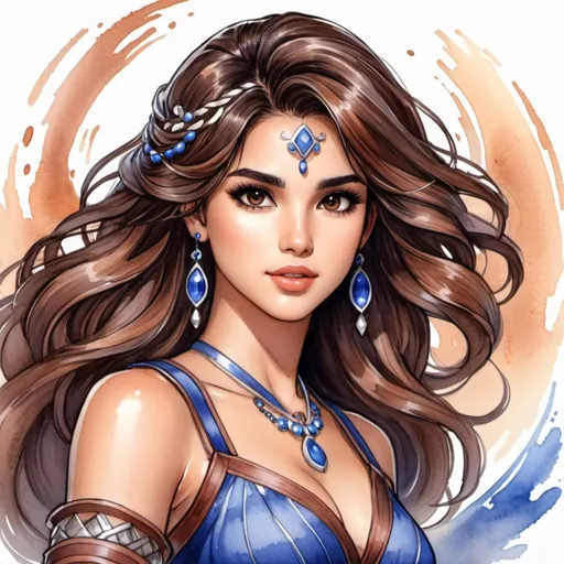 Prompt: a Shining Force watercolor concept art with Naomi Scott, brown hair, jumping in tribal cueitl, parted bangs, brown eyes, ethereal, jewelry set balayage wild hair, royal vibe, highly detailed, digital painting, Trending on artstation , HD quality, tan skin, Big Eyes,artgerm,by yoshitaka amano